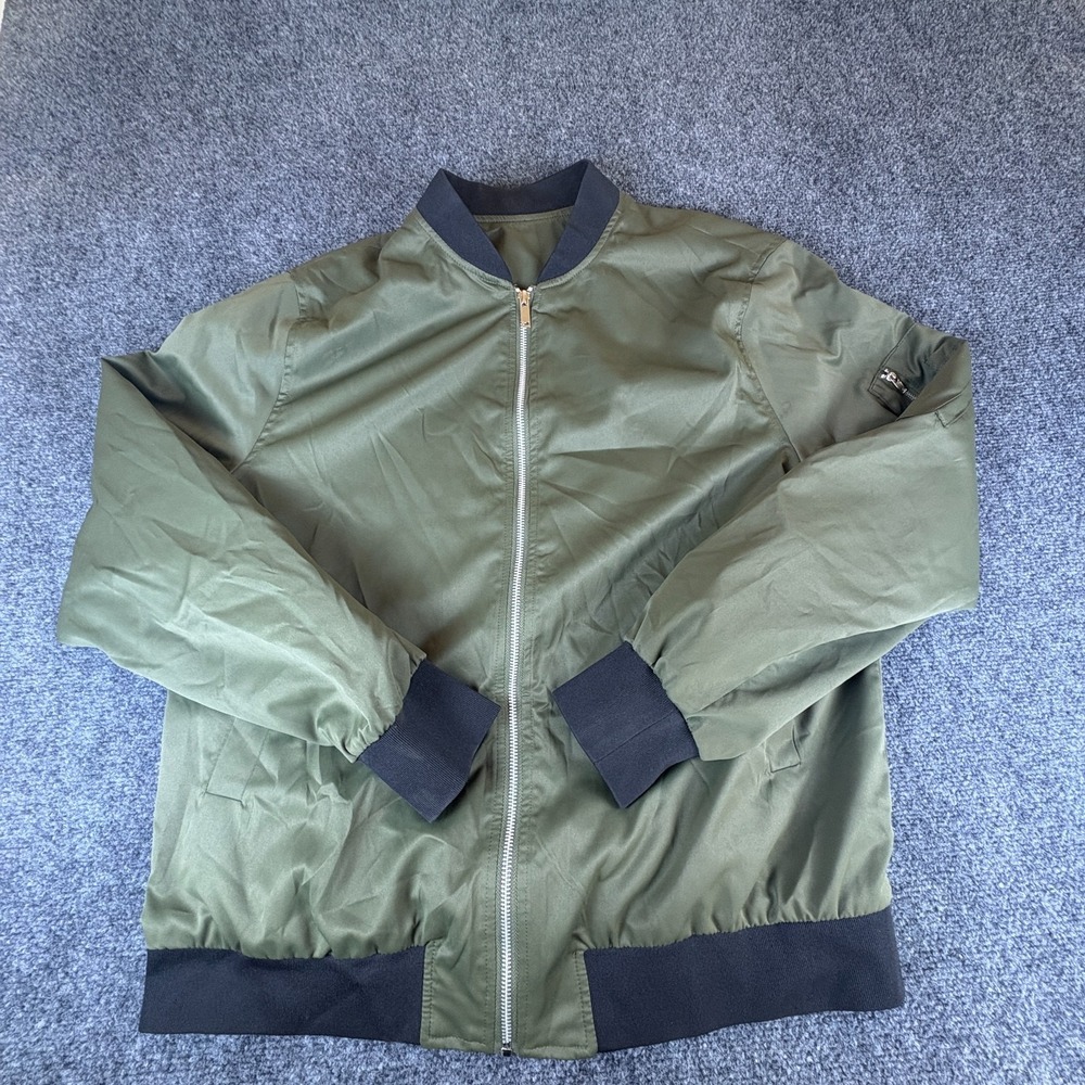 Bomber Jacket Men XL Army Green Black Trim Stretch Stand Up Collar Full Zip READ